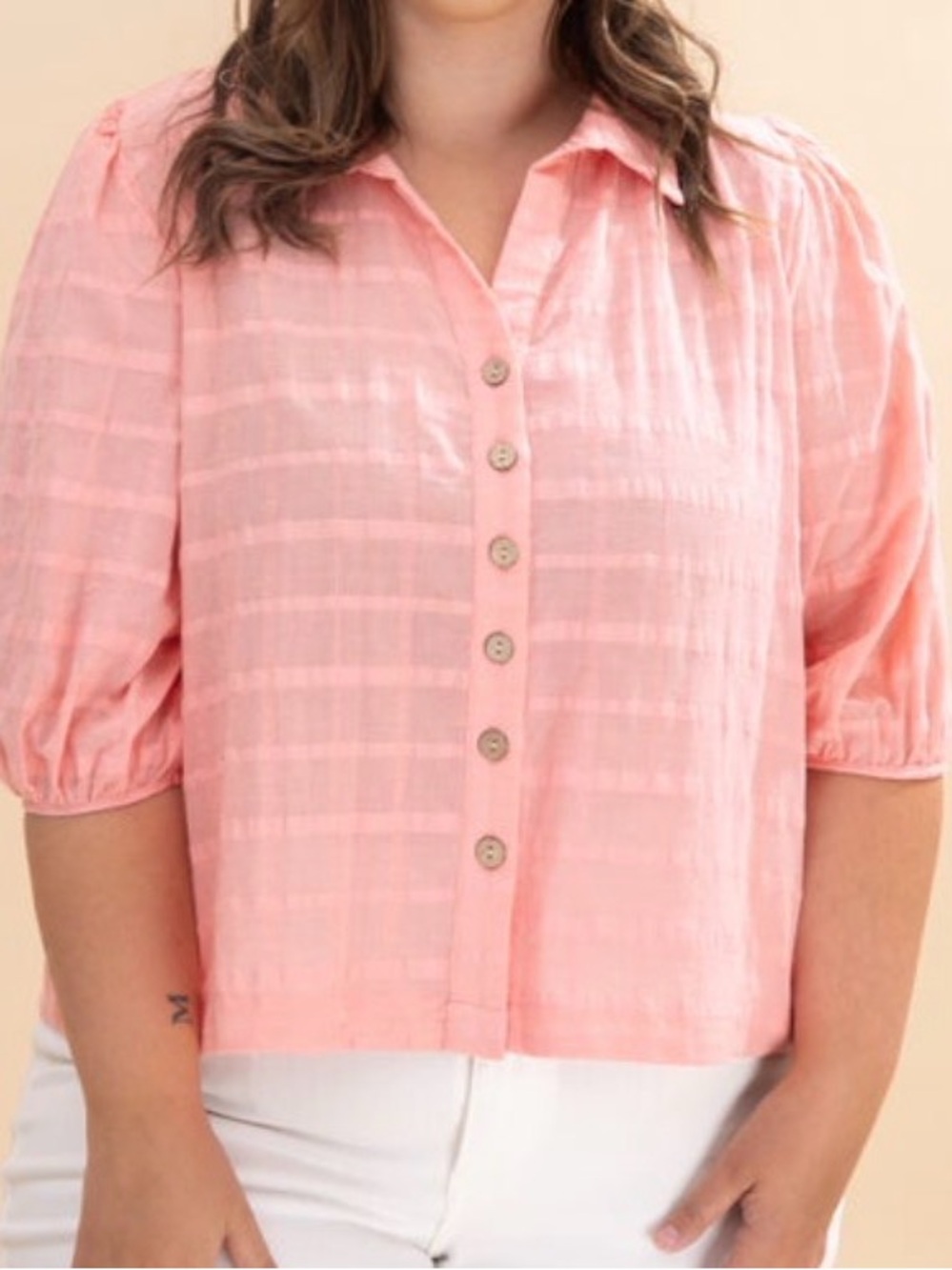 3/4 SleeveTextured Button-Front Coral Women's Top.  Easel. Small